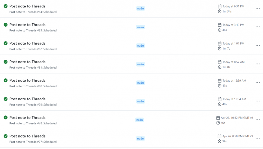 GitHub Actions の実行履歴画面