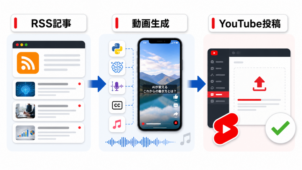 RSS記事から動画を自動生成しYouTubeへ投稿するShorts Auto Creatorの処理フロー
